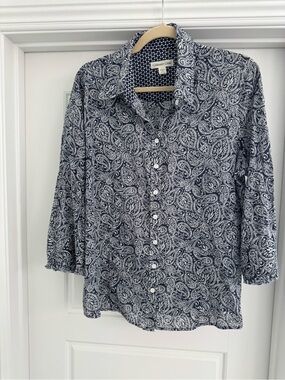 Coldwater Creek Navy and White Dot Paisley Blouse